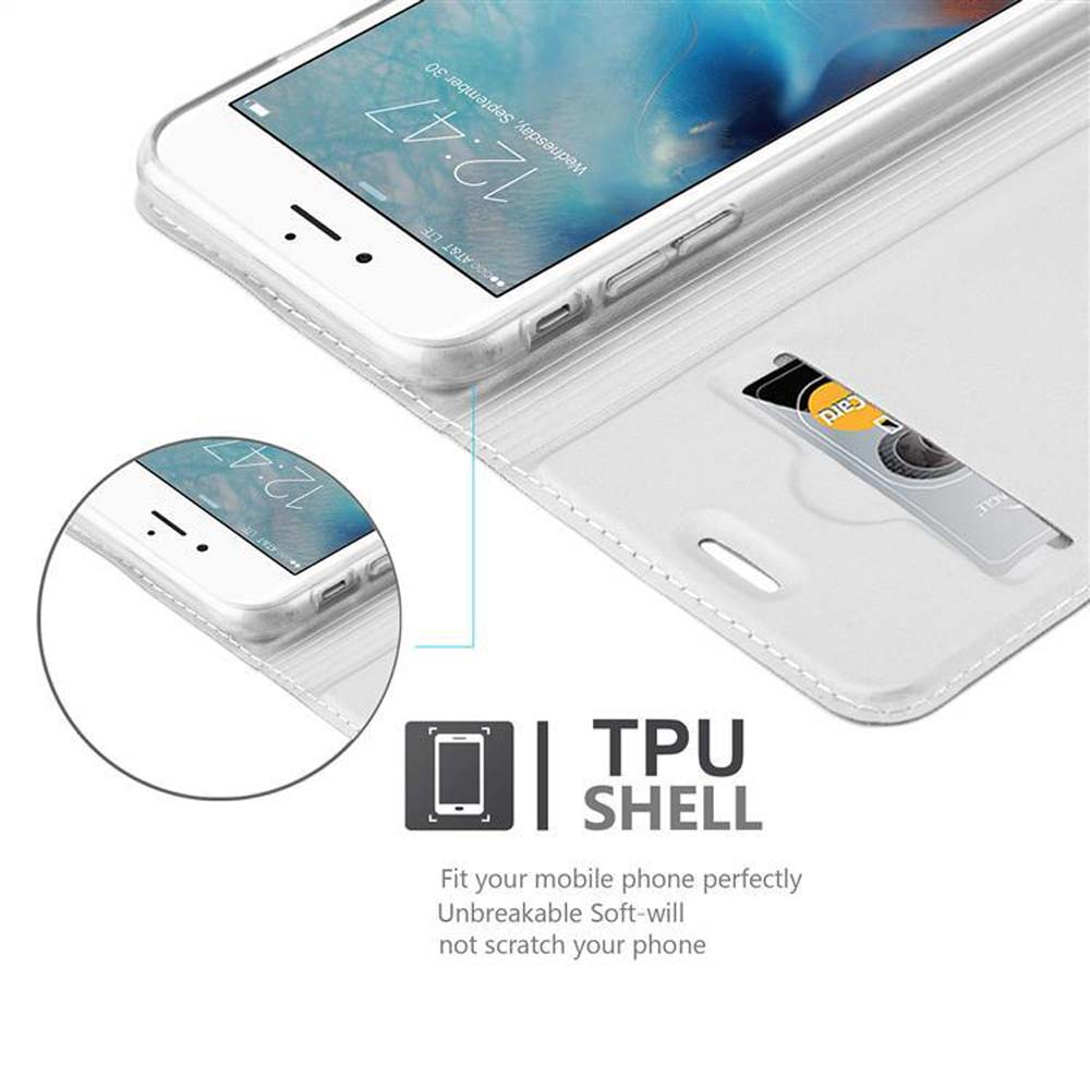 Weiße Handyhülle mit Telefon, zeigt Bildschirm. Hat Karte und Kartensteckplatz mit Text TPU SHELL.