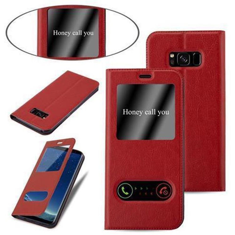 Diverse viste di una custodia per telefono rossa. La custodia ha una finestra per visualizzare lo schermo e un coperchio ribaltabile.