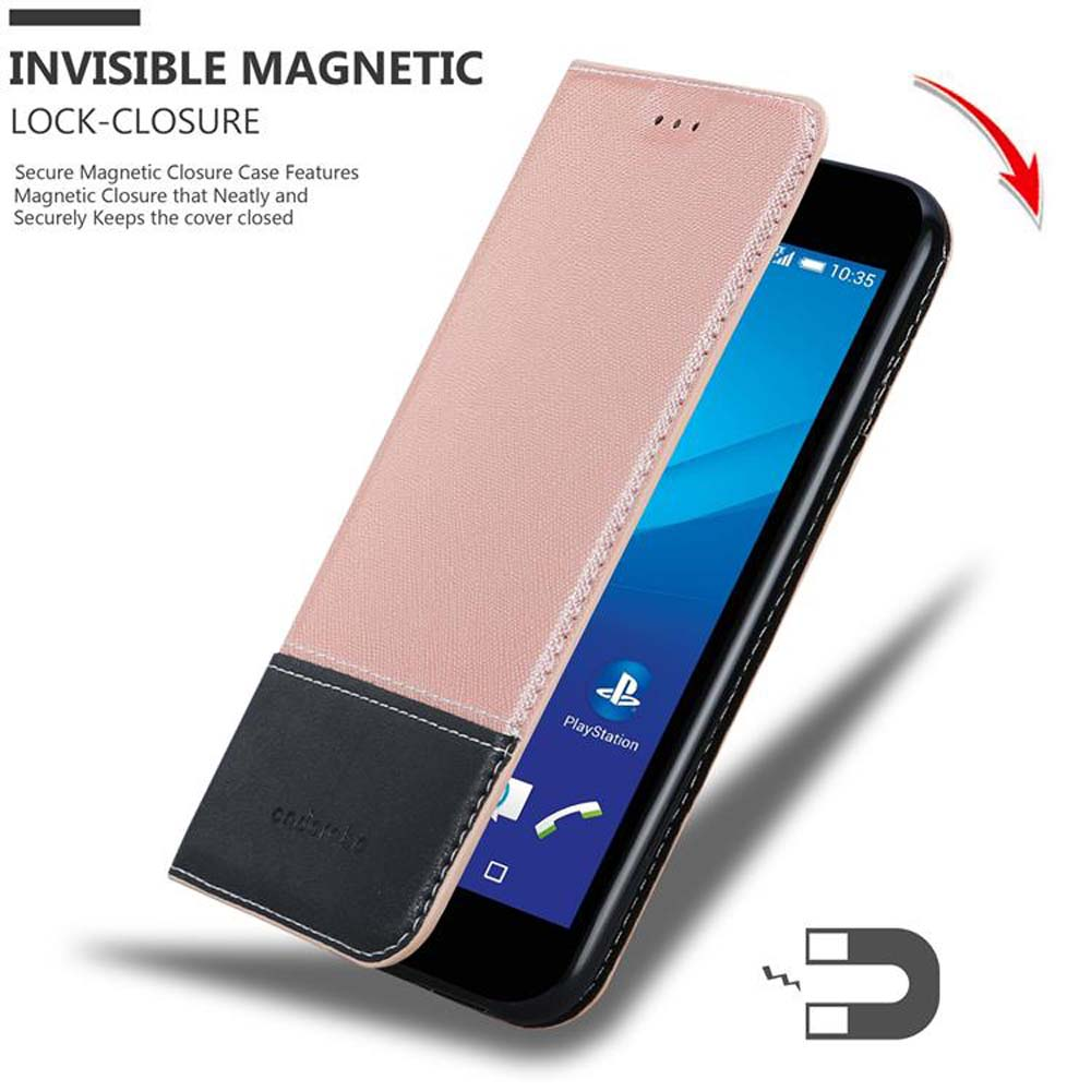 Custodia per telefono aperta, che mostra un telefono e del testo. La custodia è rosa e nera con un'icona a calamita. Il testo recita Invisible Magnetic Lock-Closure.