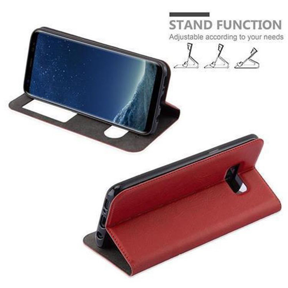 Un telefono in una custodia rossa con funzione stand. Un altro telefono nella custodia mostra la funzione stand.