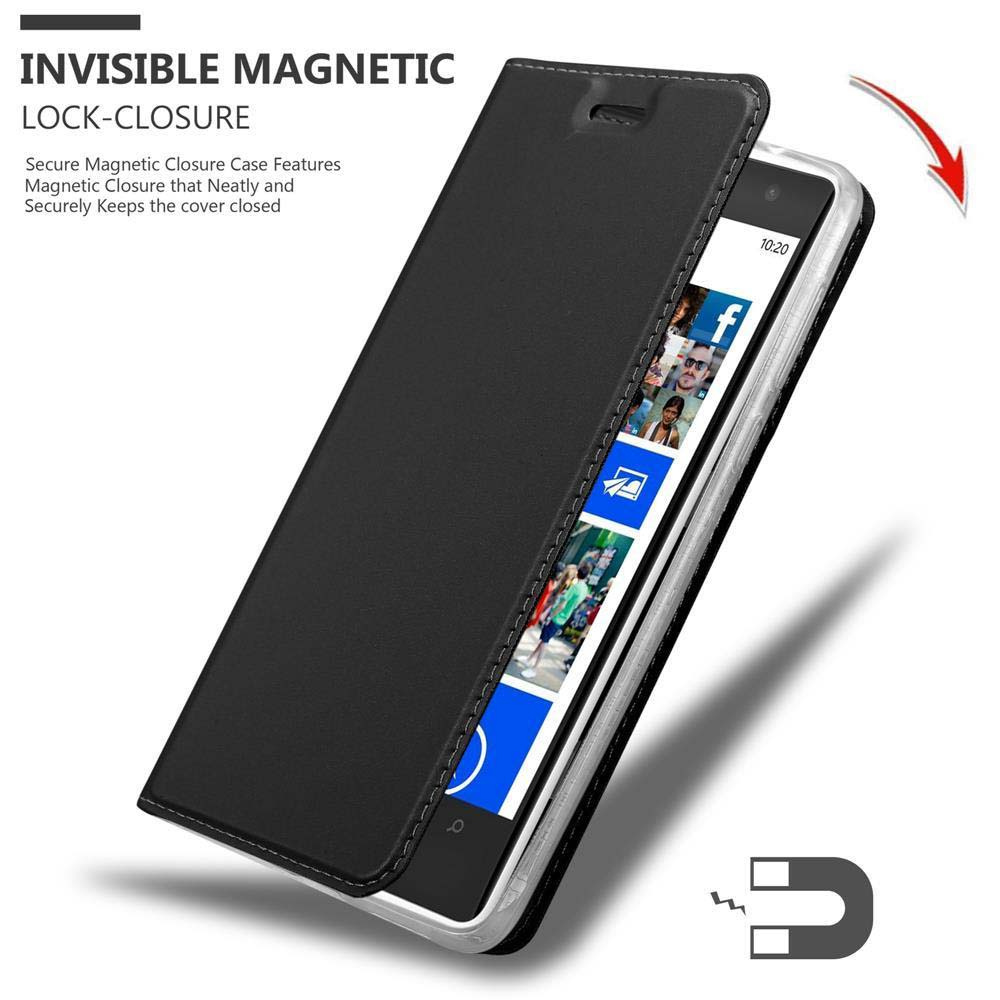 Una custodia per telefono nera con chiusura magnetica. Testo: 'Invisible Magnetic Lock-Closure'.