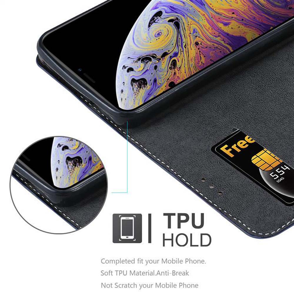 Schwarzes Telefon in einem Gehäuse mit weißen Nähten, sichtbare Karte. Text auf dem Bild: TPU HOLD.