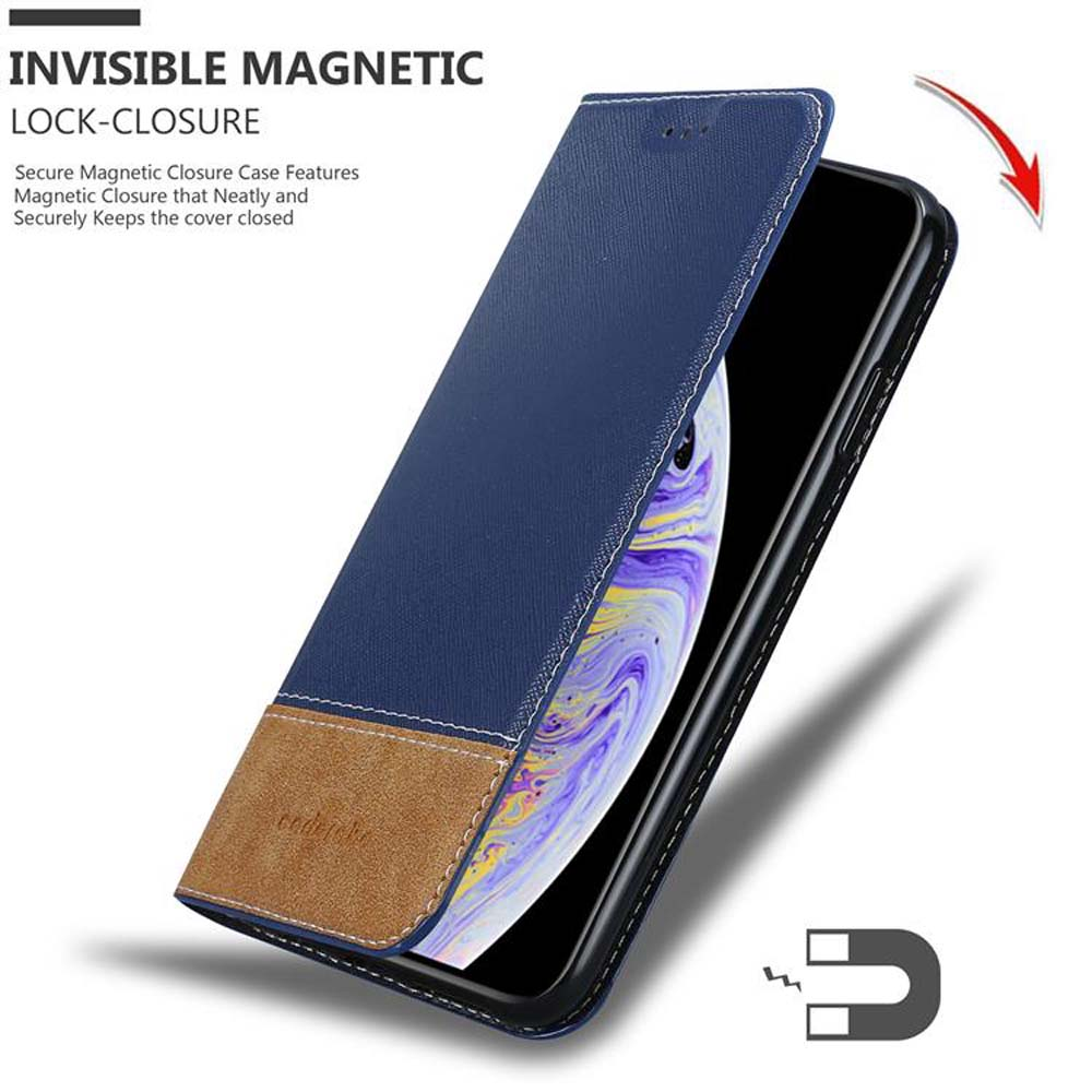 Schwarzes Telefon in der Hülle, teilweise geöffnet. Blaue Hülle mit braunem Boden, Magnetsymbol. Text zum unsichtbaren Magnetverschluss.