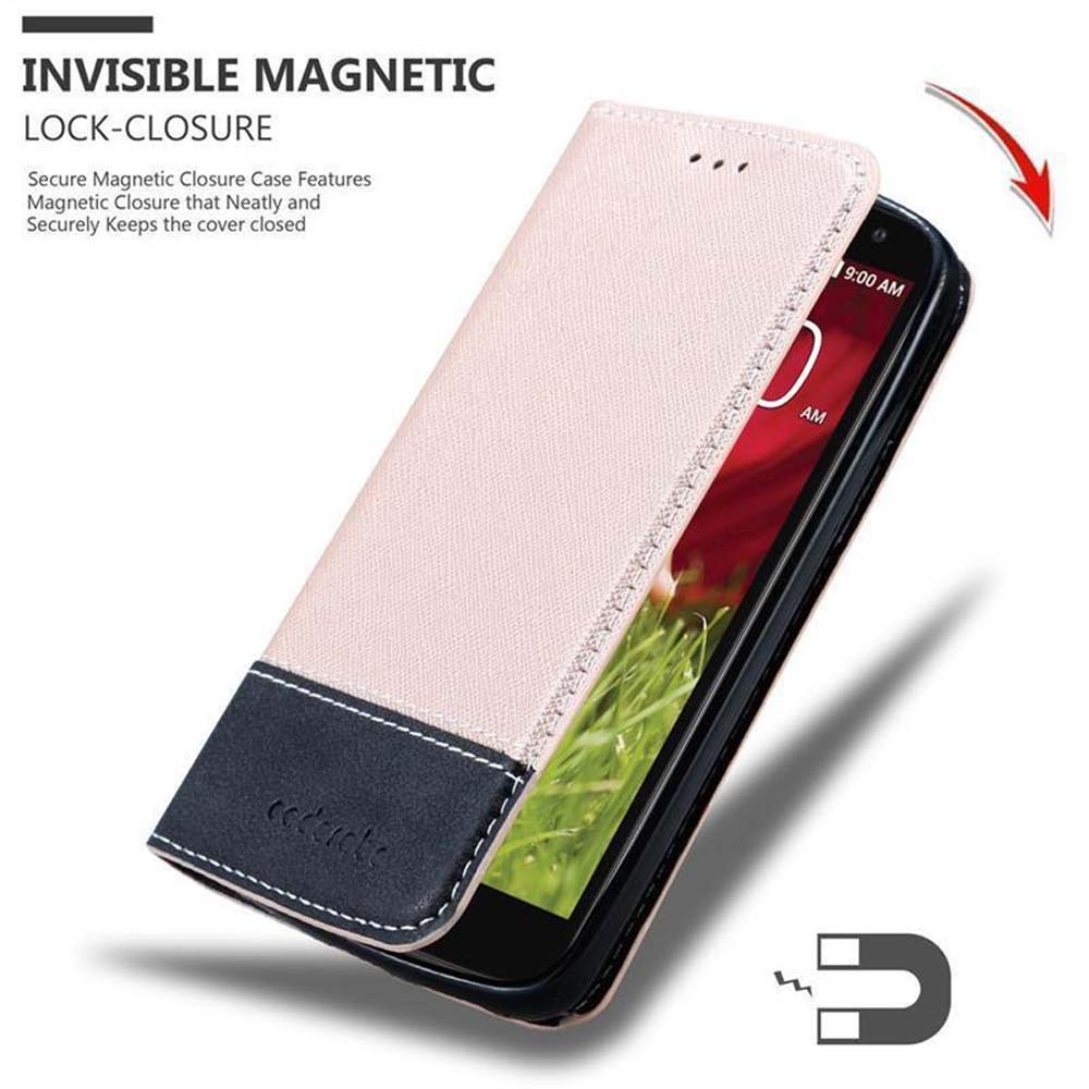 Beige Handyhülle mit Telefon. Die Hülle ist offen. Das Telefon zeigt einen Bildschirm. Die Hülle hat einen dunklen Streifen.