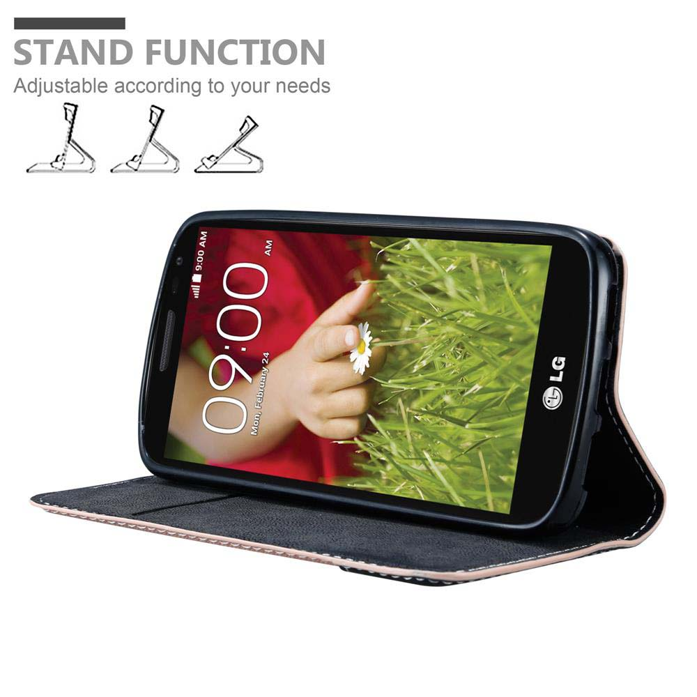 Telefon in einer Hülle. Telefon ist angewinkelt, zeigt den Bildschirm. Die Hülle öffnet sich und dient als Ständer.