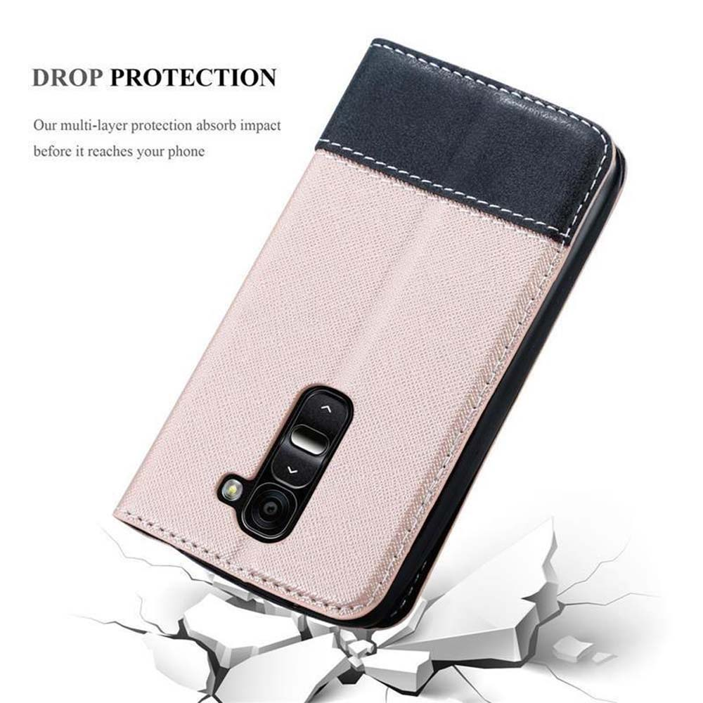 Eine Handyhülle mit Fallschutz. Die Hülle ist beige und schwarz, mit einem Telefon darin und Rissen darunter.