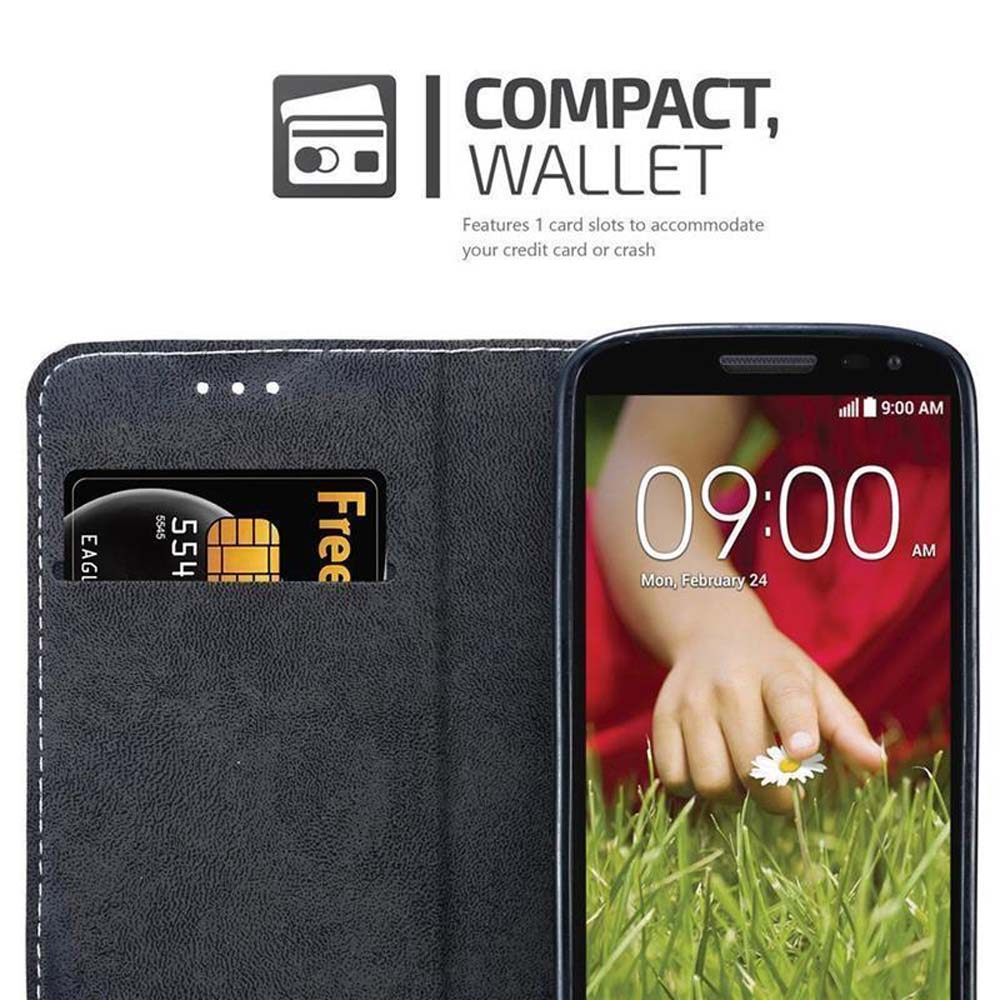 Ein Telefon in einer Brieftaschenhülle, das 09:00 Uhr, 24. Feb. zeigt. Die Hülle hat einen Kreditkartensteckplatz und das Wort FREE.