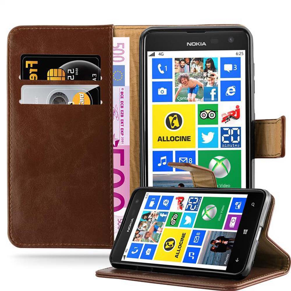 Un teléfono con funda marrón, mostrando aplicaciones y tarjetas de crédito. Otro teléfono está abierto abajo.