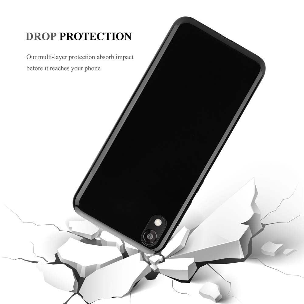 Telefono nero su terreno frantumato, ripresa angolare. Testo 'DROP PROTECTION'.