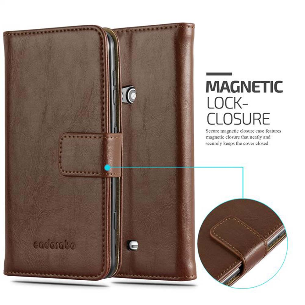 Funda de teléfono marrón con cierre magnético. Texto: cierre magnético.