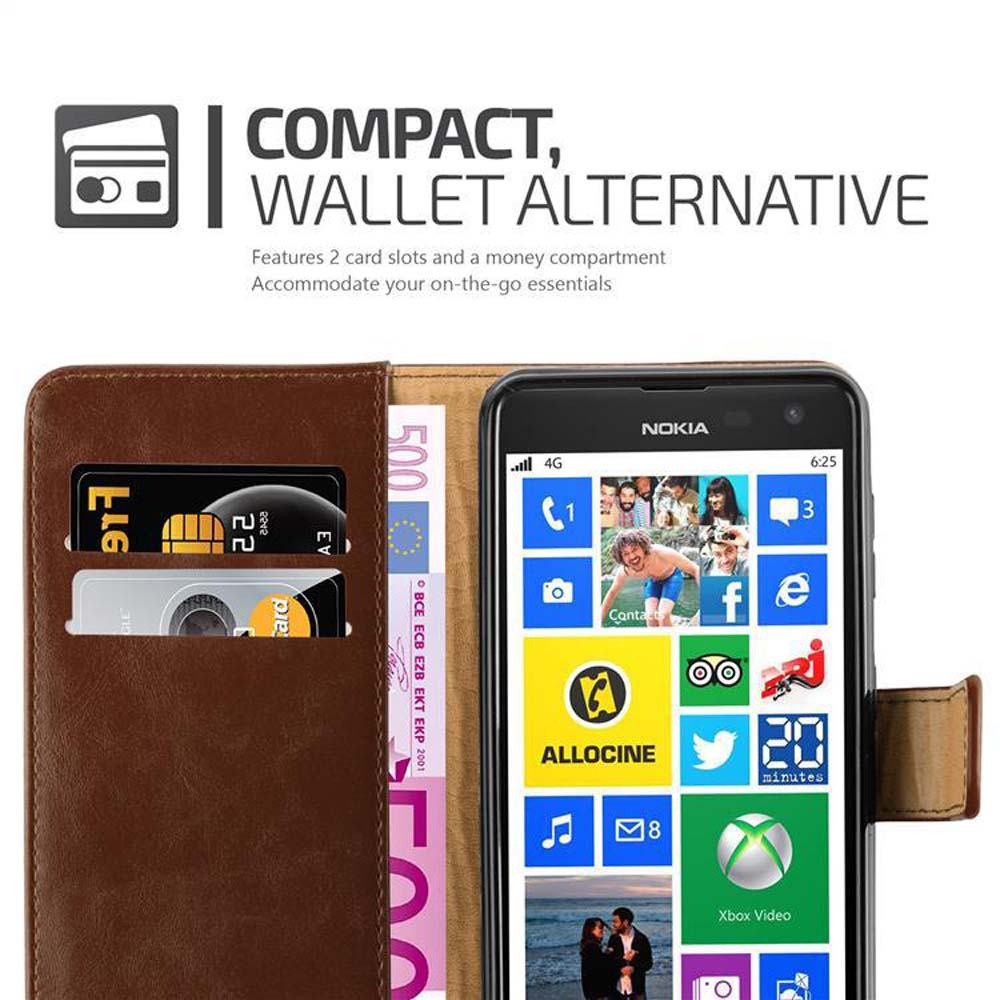 Funda de cuero marrón para billetera con teléfono, tarjetas y dinero. Diseño compacto con ranuras para tarjetas y compartimento.