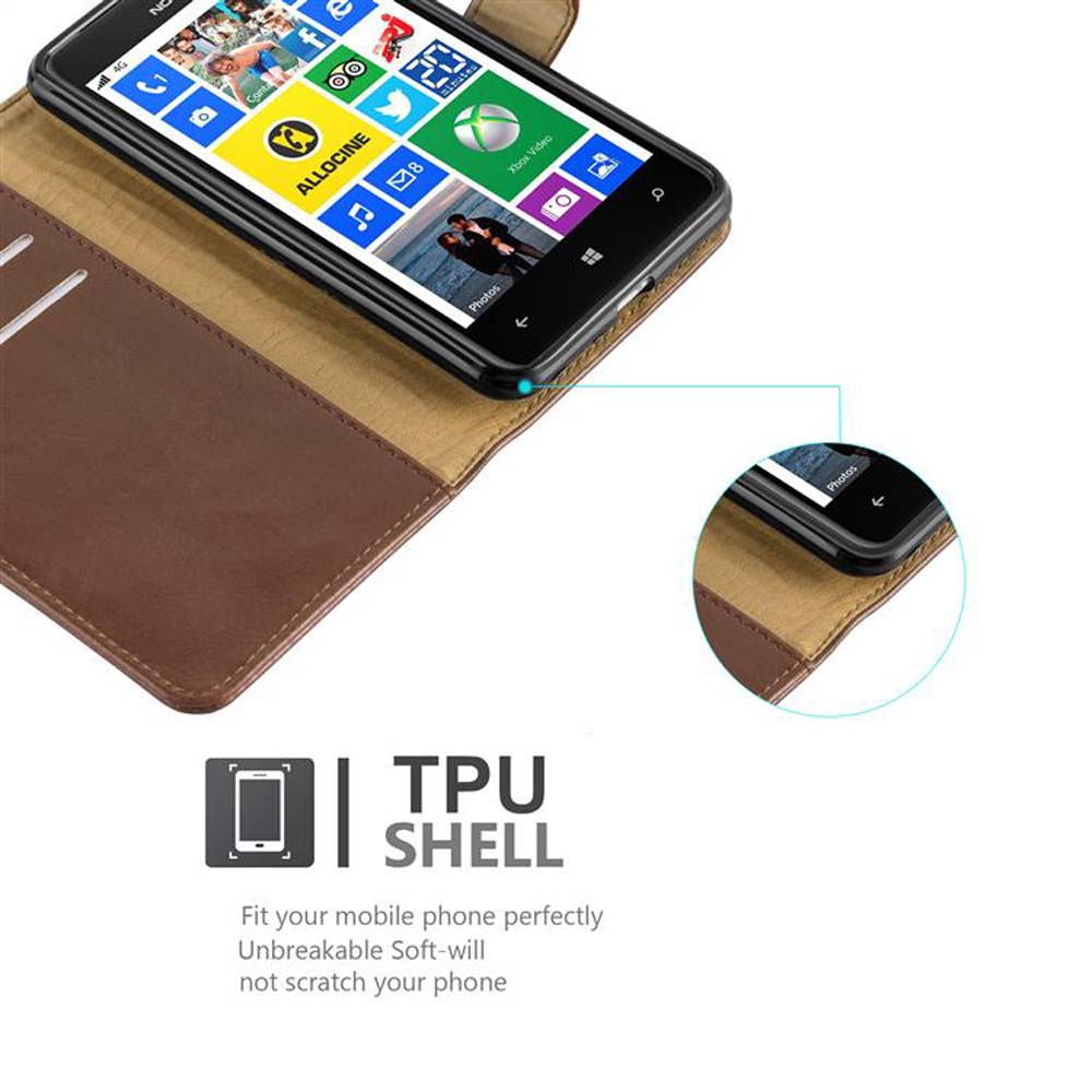Un teléfono en una funda marrón con una pantalla que muestra aplicaciones. Hay una toma de detalle.