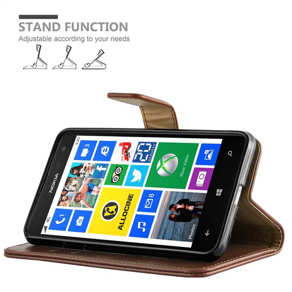 Un teléfono Nokia negro en una funda marrón, abierto. La pantalla muestra iconos y una función de soporte.