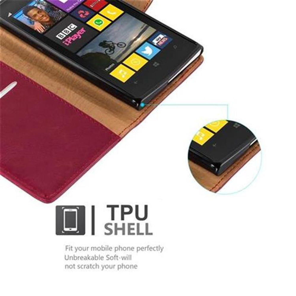 Telefono in una custodia, rossa e marrone. Lo schermo del telefono mostra le icone delle app. La custodia ha un guscio in TPU.