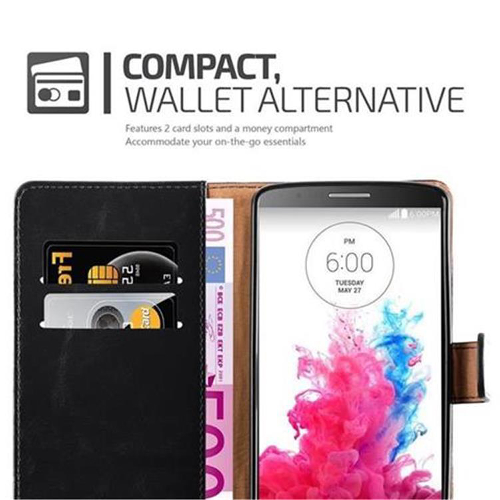 Smartphone con denaro e carte in custodia a portafoglio. Il telefono mostra un design colorato. La custodia è nera.