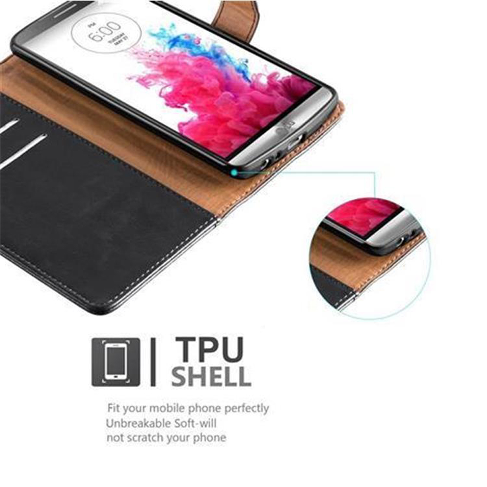 Telefono in una custodia, con testo guscio TPU e primo piano del telefono.