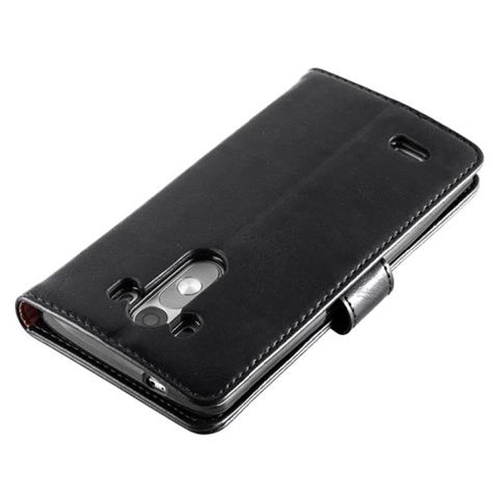 Una custodia per telefono nera, chiusa, con ritagli visibili per la fotocamera e i pulsanti.