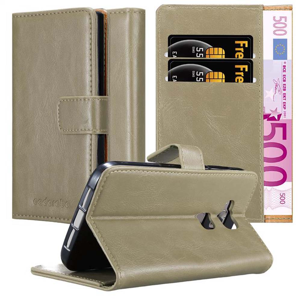 Custodia beige con slot per carte e telefono. Banconota in euro visibile.