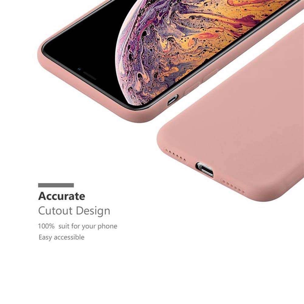 Rosa Handyhülle. Telefon innen, zeigt den Bildschirm. Text: Accurate Cutout Design.