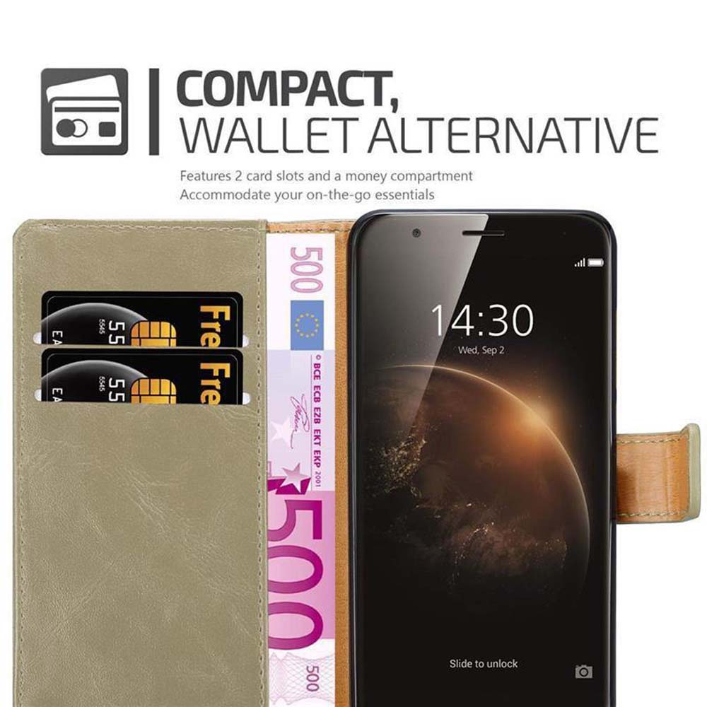 Custodia per telefono con telefono che mostra l'ora e la valuta. Custodia aperta con carte di credito e denaro visibili.