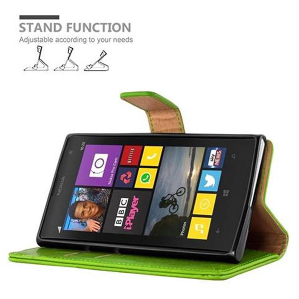 Un telefono in una custodia verde con funzione stand, che mostra uno schermo del telefono con icone.