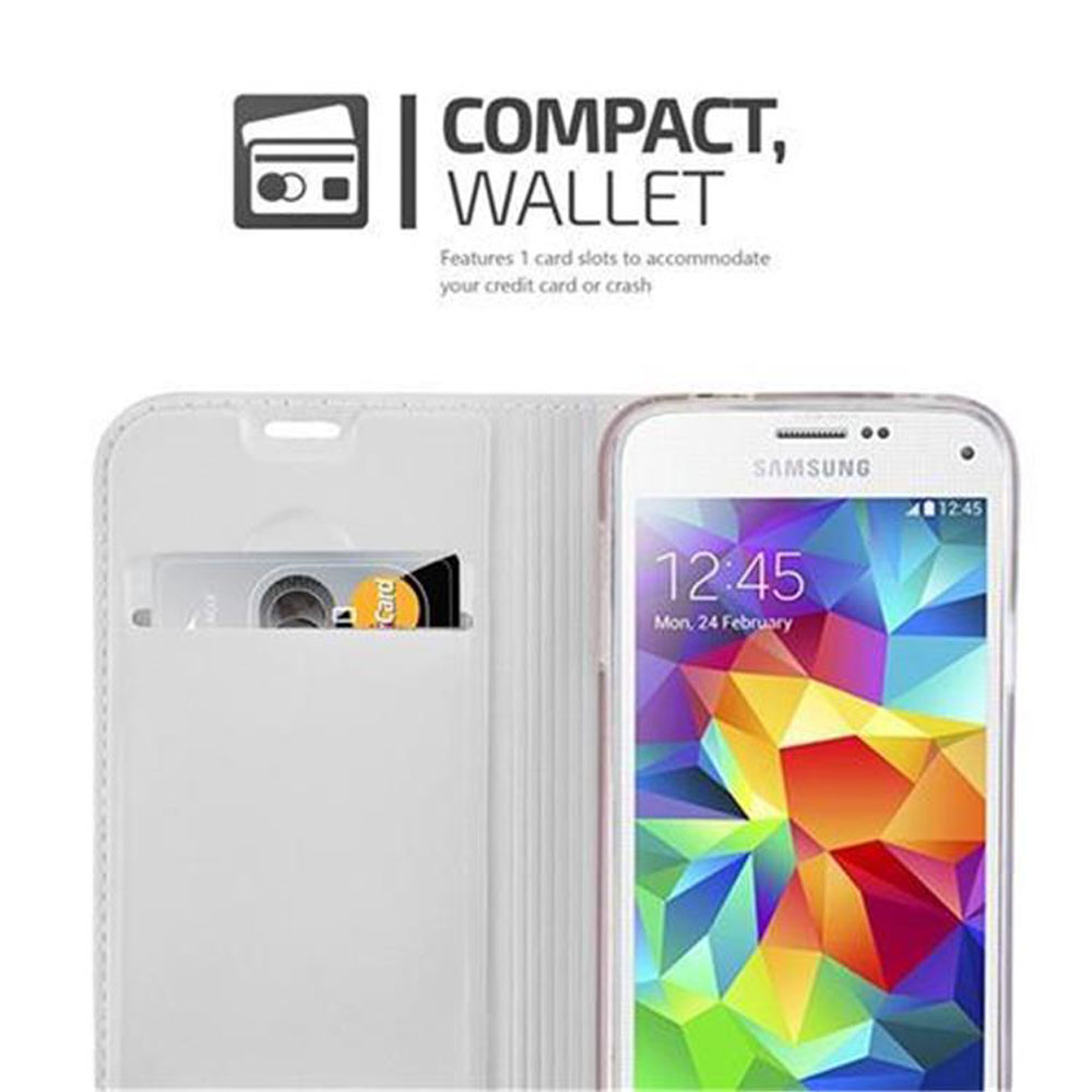 Telefon in Brieftaschen-Case mit Kartenfach. Text: 'COMPACT, WALLET'.