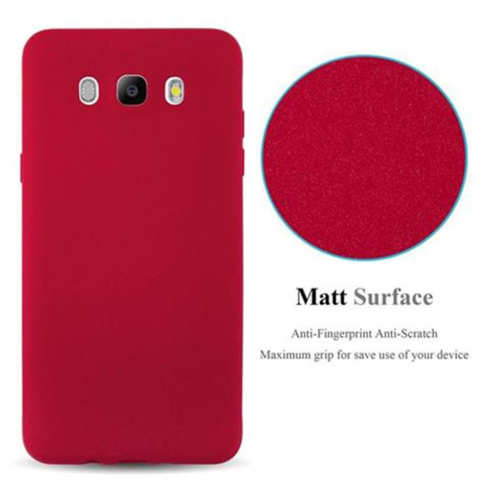 Custodia rossa per telefono con superficie opaca e vista circolare, che mostra caratteristiche antigraffio.