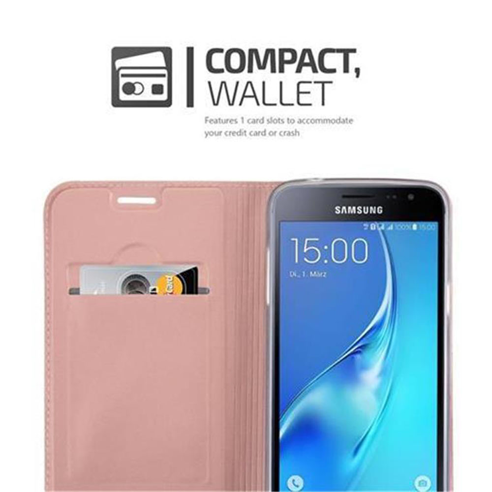 Telefon in einem pinkfarbenen, kompakten Portemonnaie. Kartenfächer sind sichtbar. Kompakt, Text Portemonnaie. Samsung-Telefon.