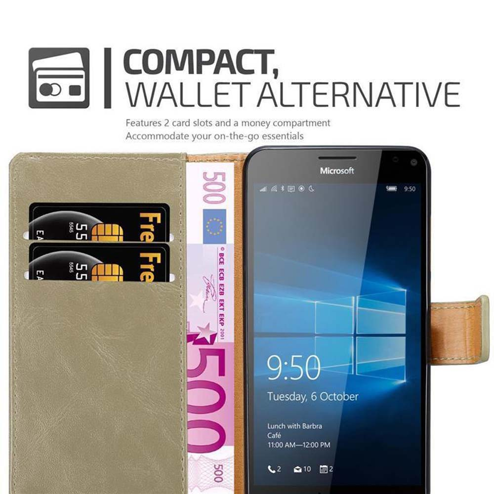Custodia a portafoglio con telefono, carte e denaro. Testo: 'COMPACT, WALLET ALTERNATIVE'.