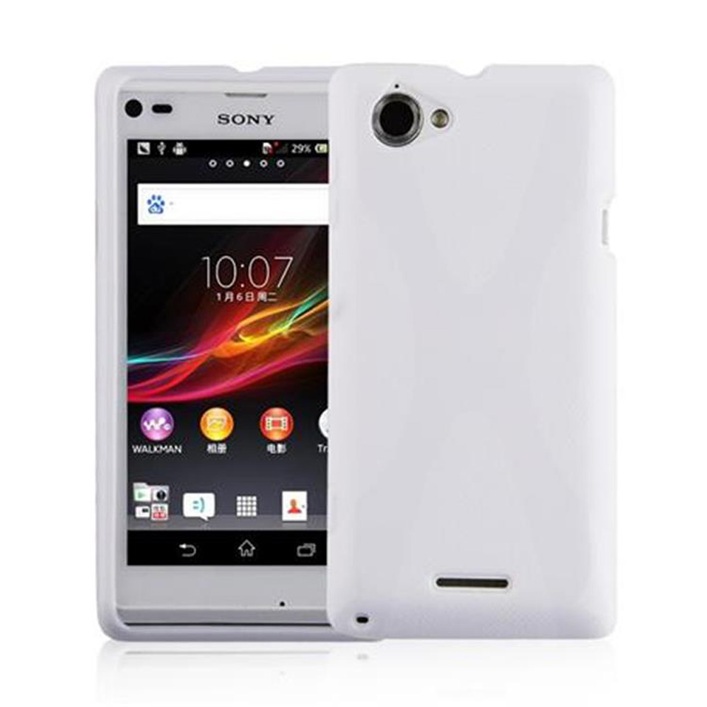 Teléfono Sony blanco con funda blanca. La pantalla muestra la hora. La funda está a la derecha. Teléfono blanco.