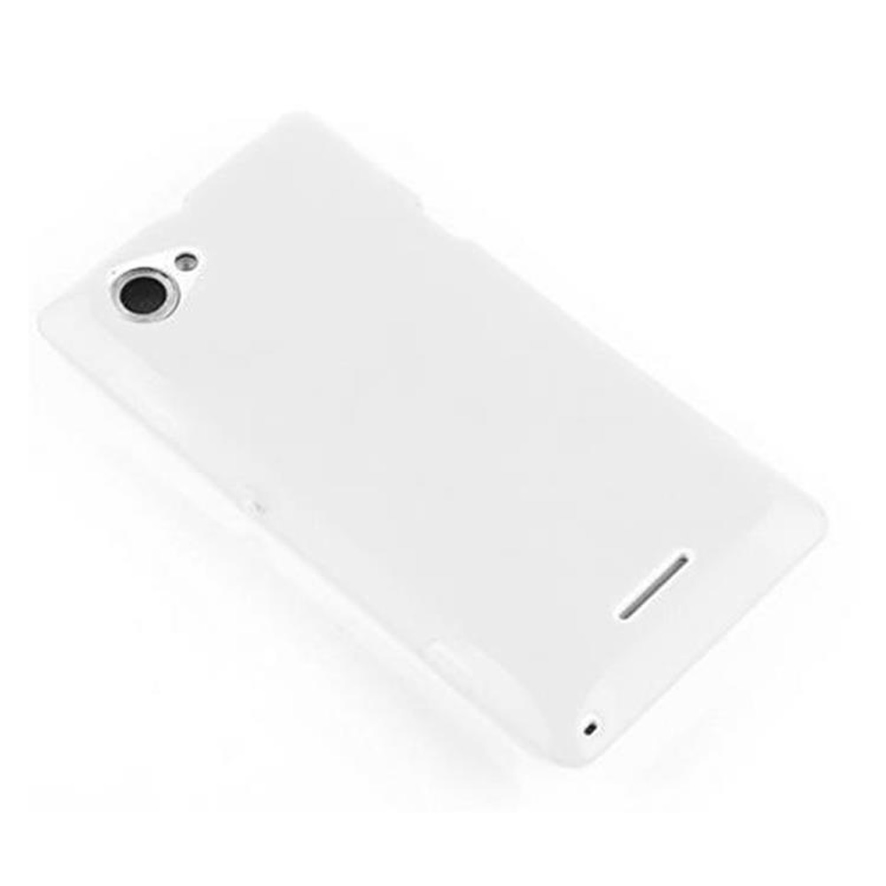 Funda blanca para teléfono, vista trasera, con orificios para cámara y altavoz. Aislada sobre fondo blanco.