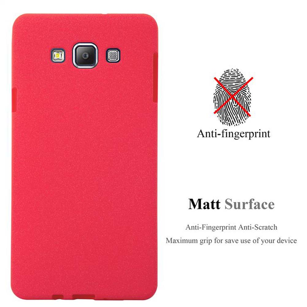Custodia per telefono rossa con superficie anti-impronta. Il testo recita: Superficie opaca, anti-impronta, antigraffio.