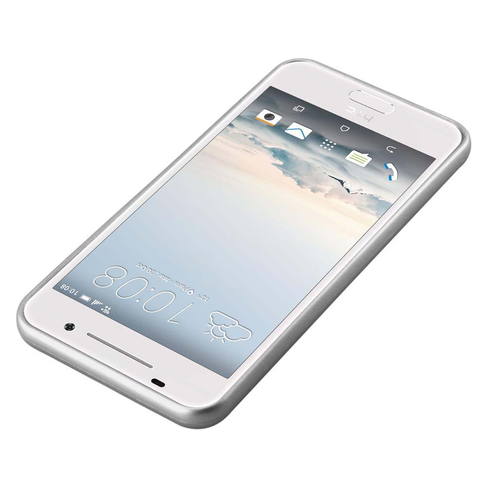 Un smartphone blanc avec un cadre argenté, affichant l'heure et des icônes d'applications.