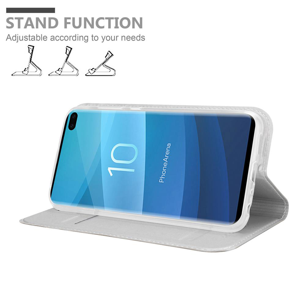Ein weißes Telefon in einer weißen Hülle, das in der Standfunktion eingerichtet ist. Das Telefon zeigt einen blauen Bildschirm mit der Nummer 10.