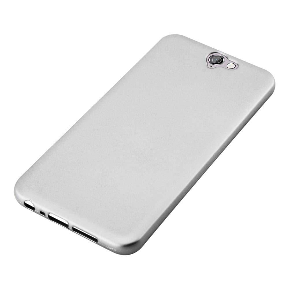 Un étui de téléphone argenté. L'arrière de l'étui est montré. Une caméra est visible.