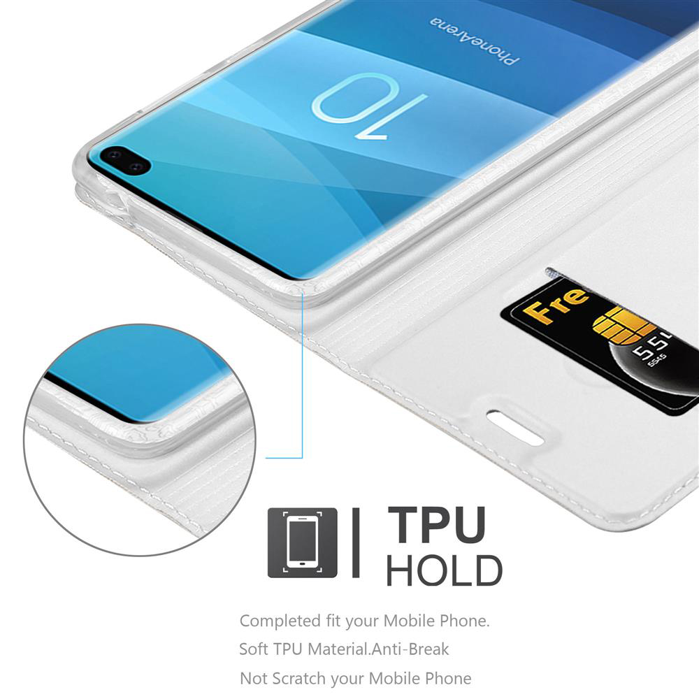 Telefon in Hülle mit Kreditkarte. Der Bildschirm zeigt PhoneArena. Text: TPU-Halterung.