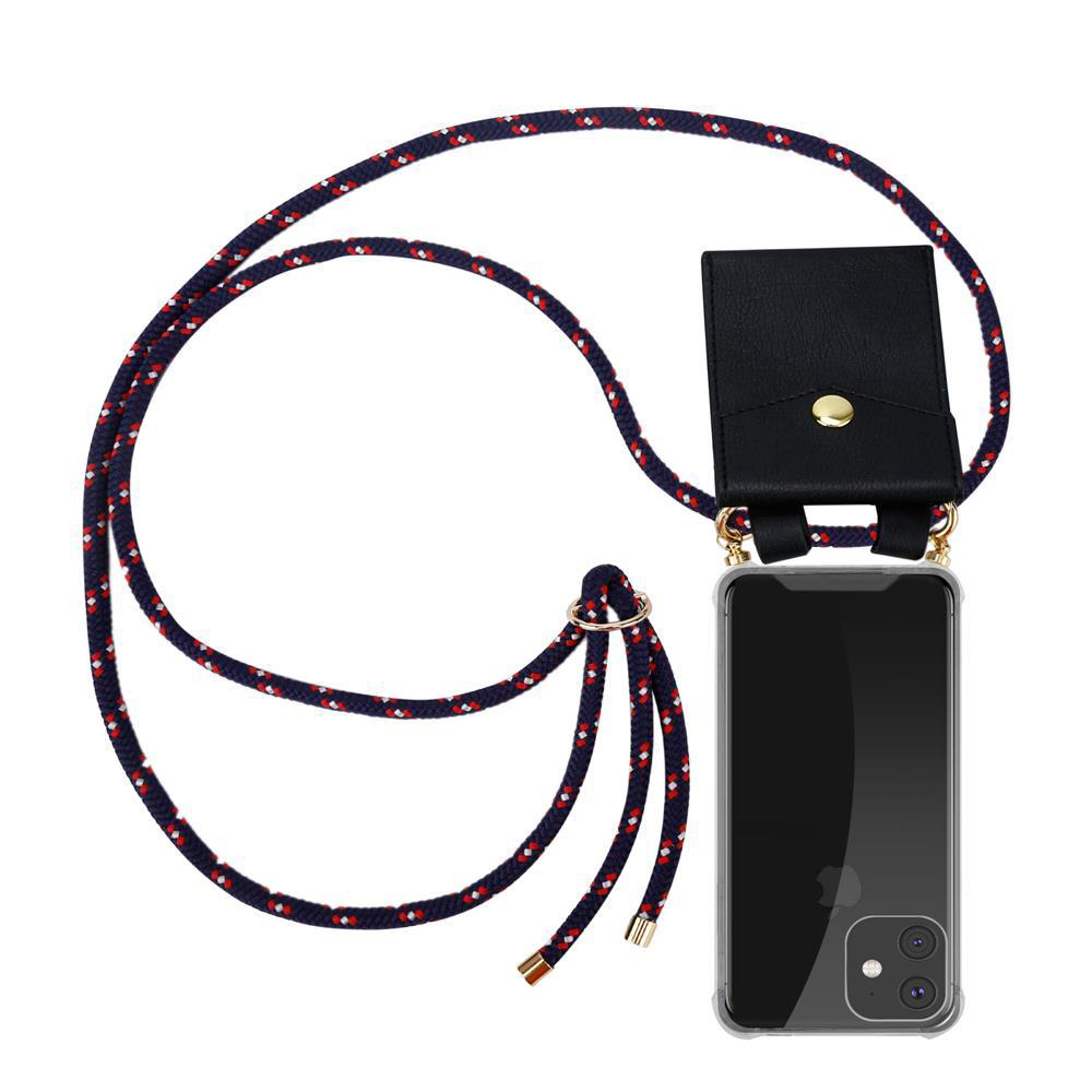 Telefono con corda blu navy e rossa attaccata a custodia nera. Il telefono è visibile.
