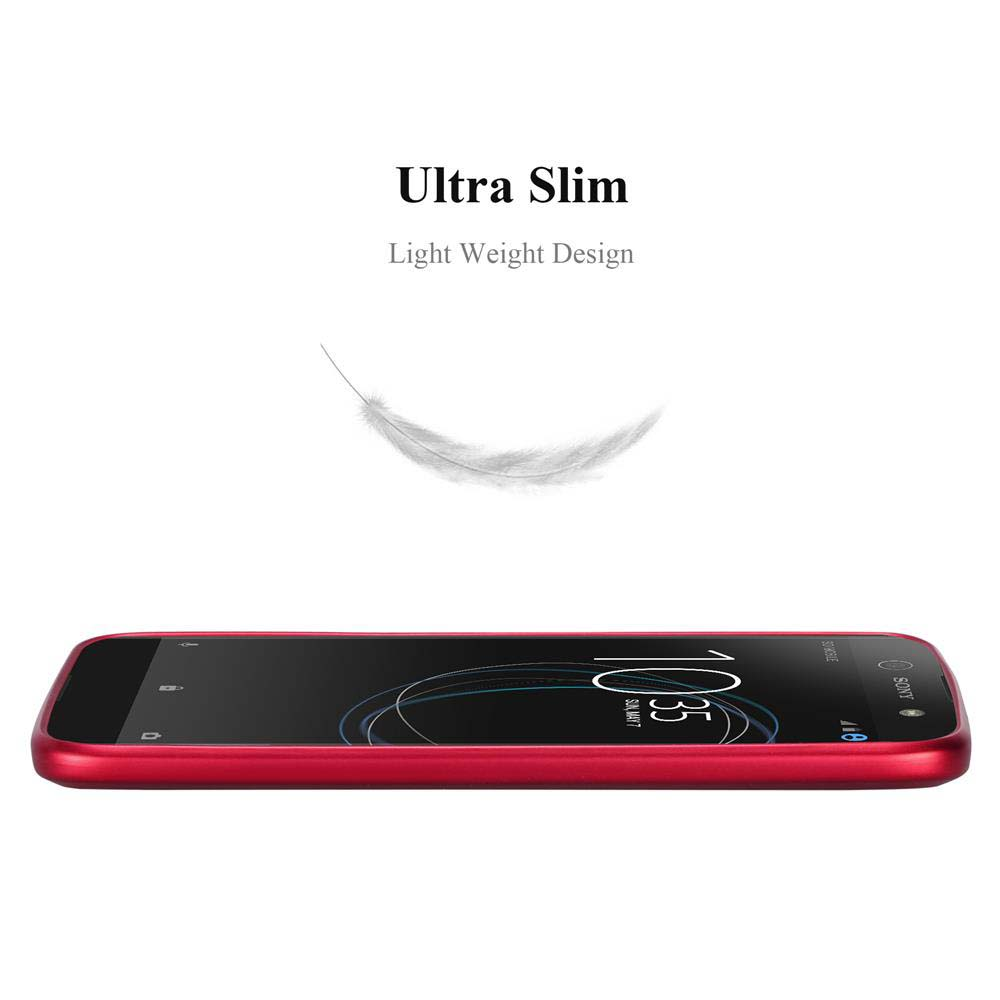 Rotes Telefon mit Text für ultradünnes und leichtes Design, mit Federillustration.