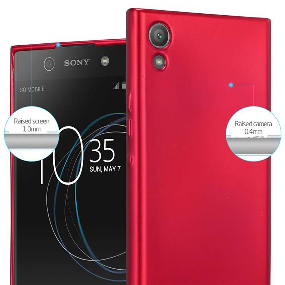 Rotes Telefon mit erhöhtem Bildschirm und Kamera. Rückseite des Telefons ist rot.
