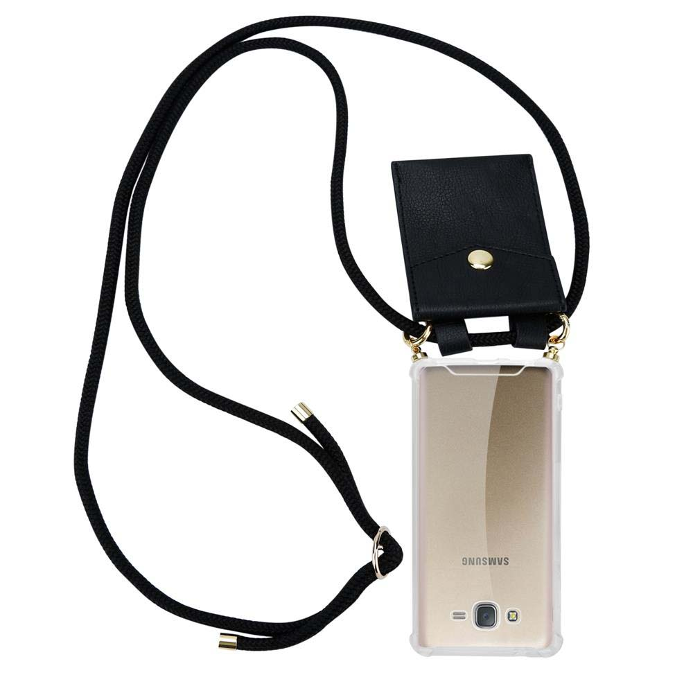 Custodia nera con un cordino nero che tiene un telefono.