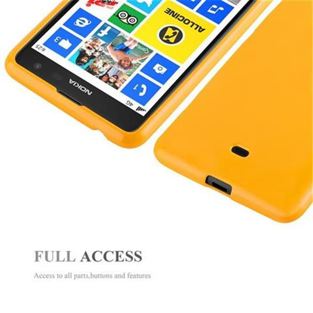 Un telefono Nokia giallo con una custodia gialla, che mostra lo schermo e parte della custodia.