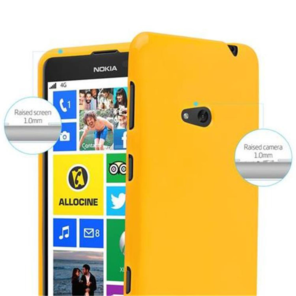 Telefono giallo con schermo che mostra un'interfaccia colorata. Un'altra custodia gialla a destra.