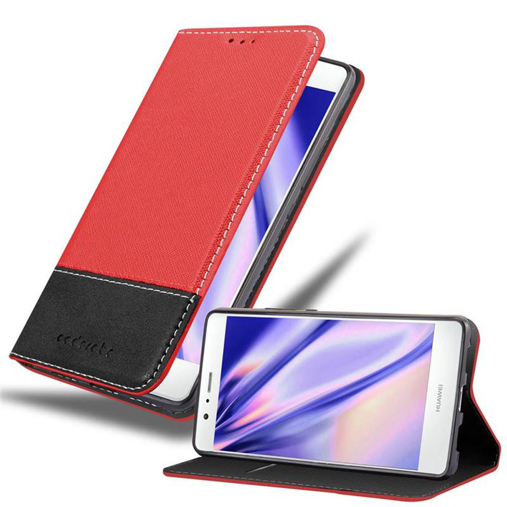 Custodia per telefono rossa con dettagli neri, aperta con un telefono all'interno. Cuciture bianche visibili sulla custodia.