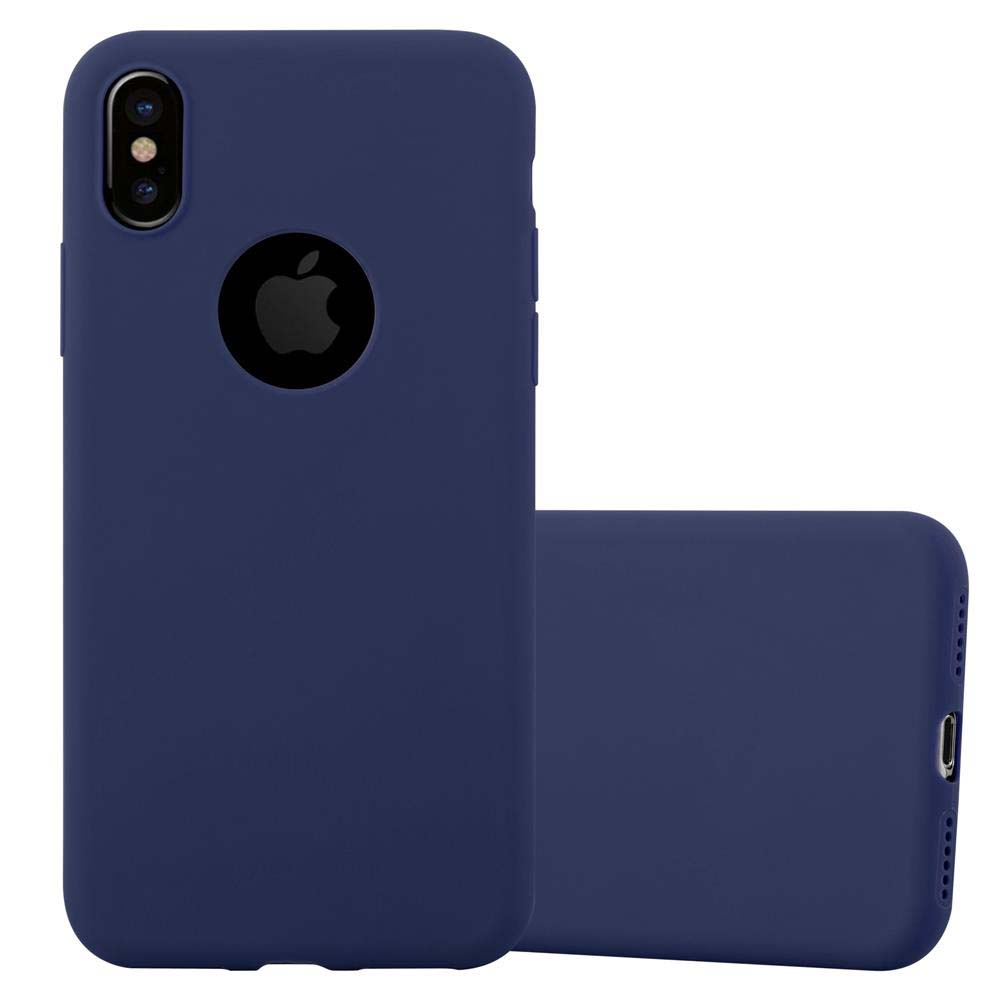 Marineblaue Handyhülle. Zeigt die Rückseite des Telefons und eine weitere Hülle. Apple-Logo in der Mitte.