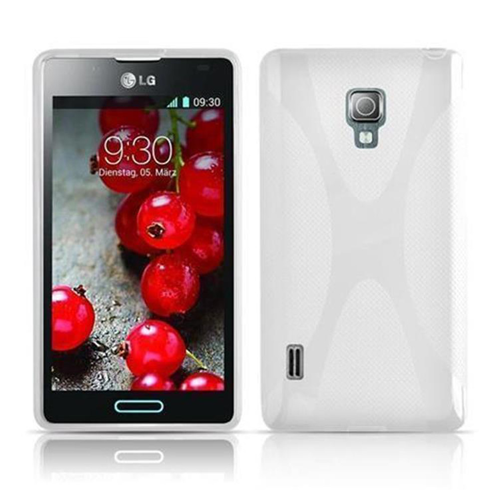 Un telefono LG bianco che mostra bacche rosse sullo schermo e il suo retro bianco, con una custodia.