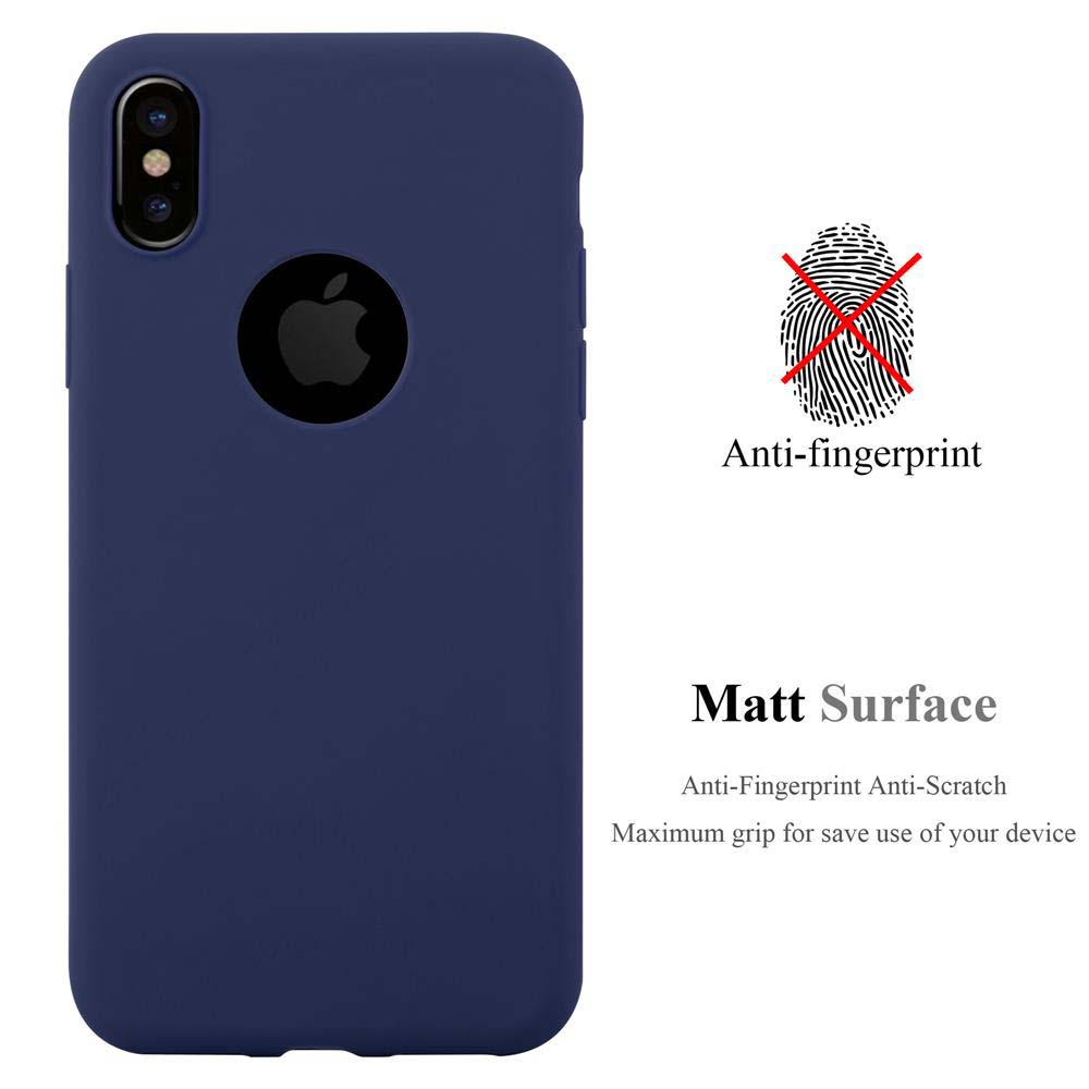 Blaue Handyhülle mit Apple-Logo. Weißer Hintergrund. Anti-Fingerabdruck und matte Oberfläche.