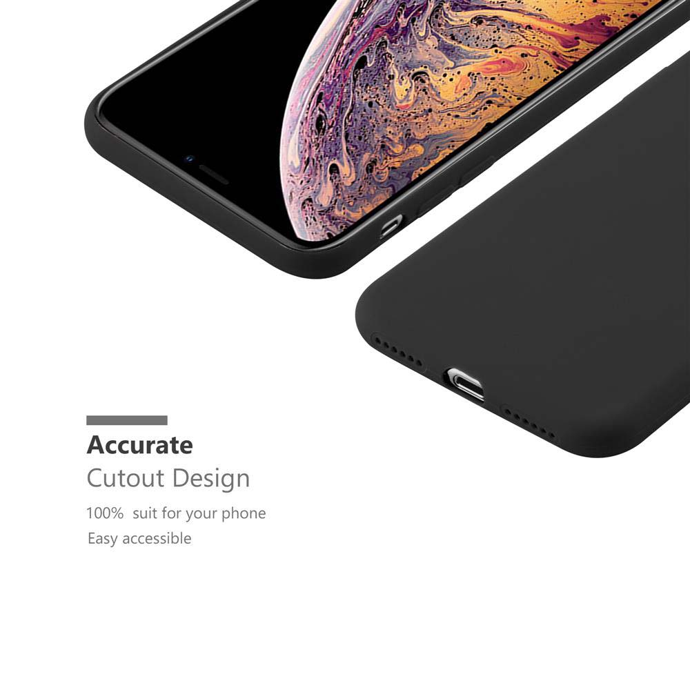 Schwarzes Telefon Nahaufnahme. Text: Präzises Ausschnittdesign. Einfach zugänglich.