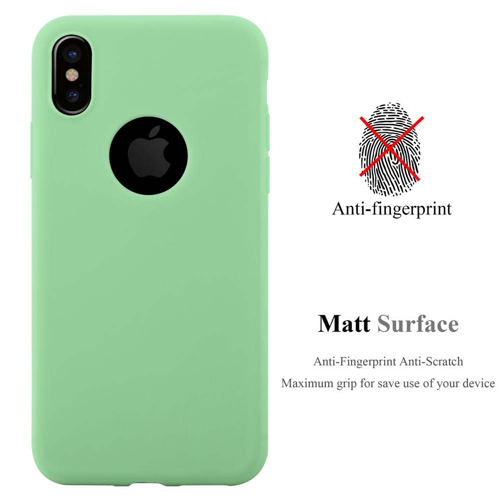 Grüne Handyhülle mit schwarzem Apple-Logo. Text sagt Anti-Fingerabdruck und matte Oberfläche. Der Hintergrund ist weiß.