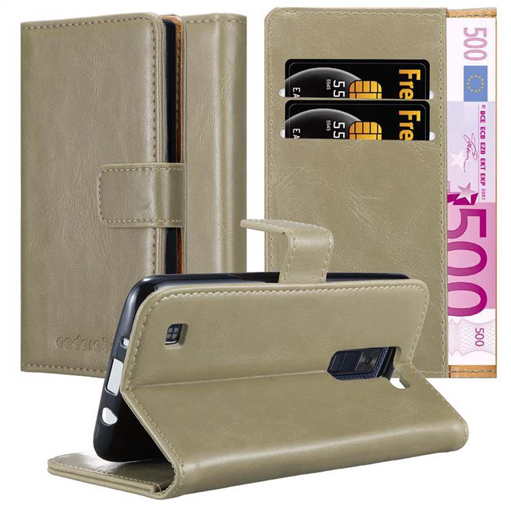 Una funda de cartera de cuero beige con tarjetas y dinero. El teléfono es negro y tiene una pantalla negra.