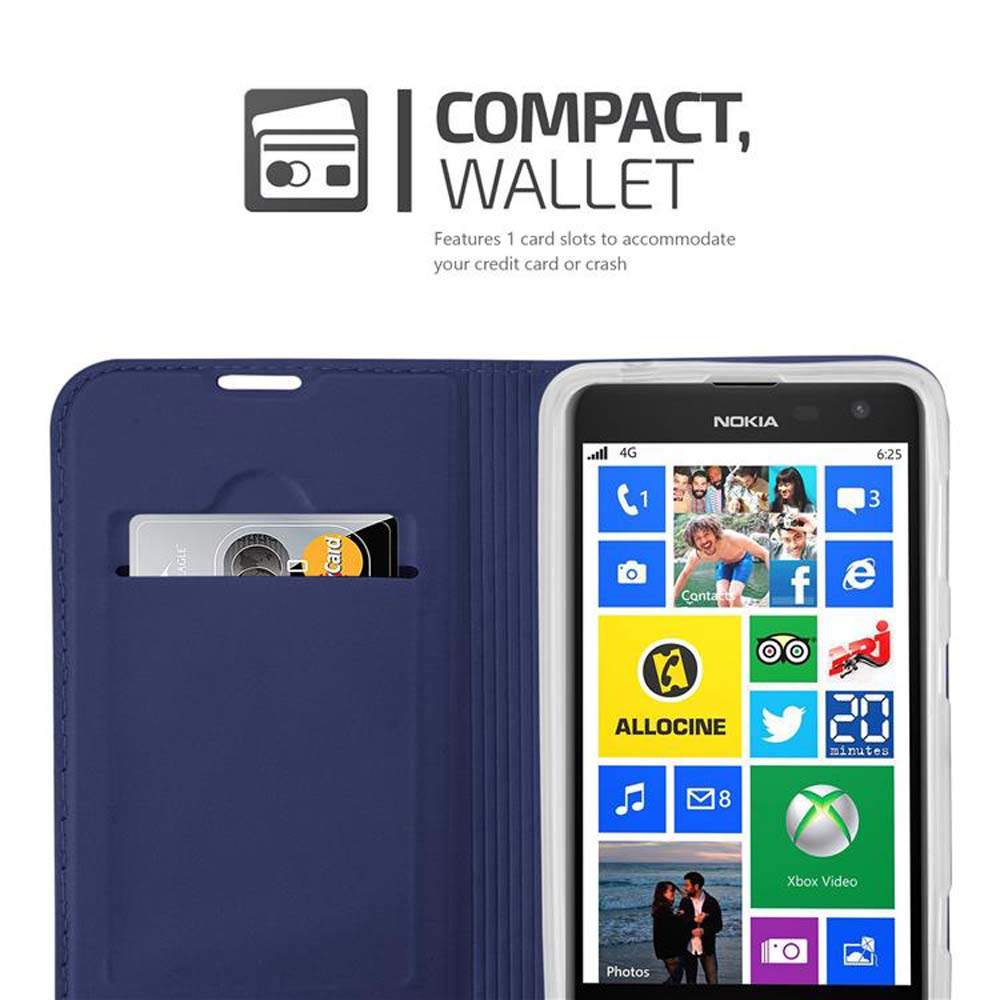 Smartphone nero in una custodia a portafoglio blu con una carta nello slot e testo sullo schermo.